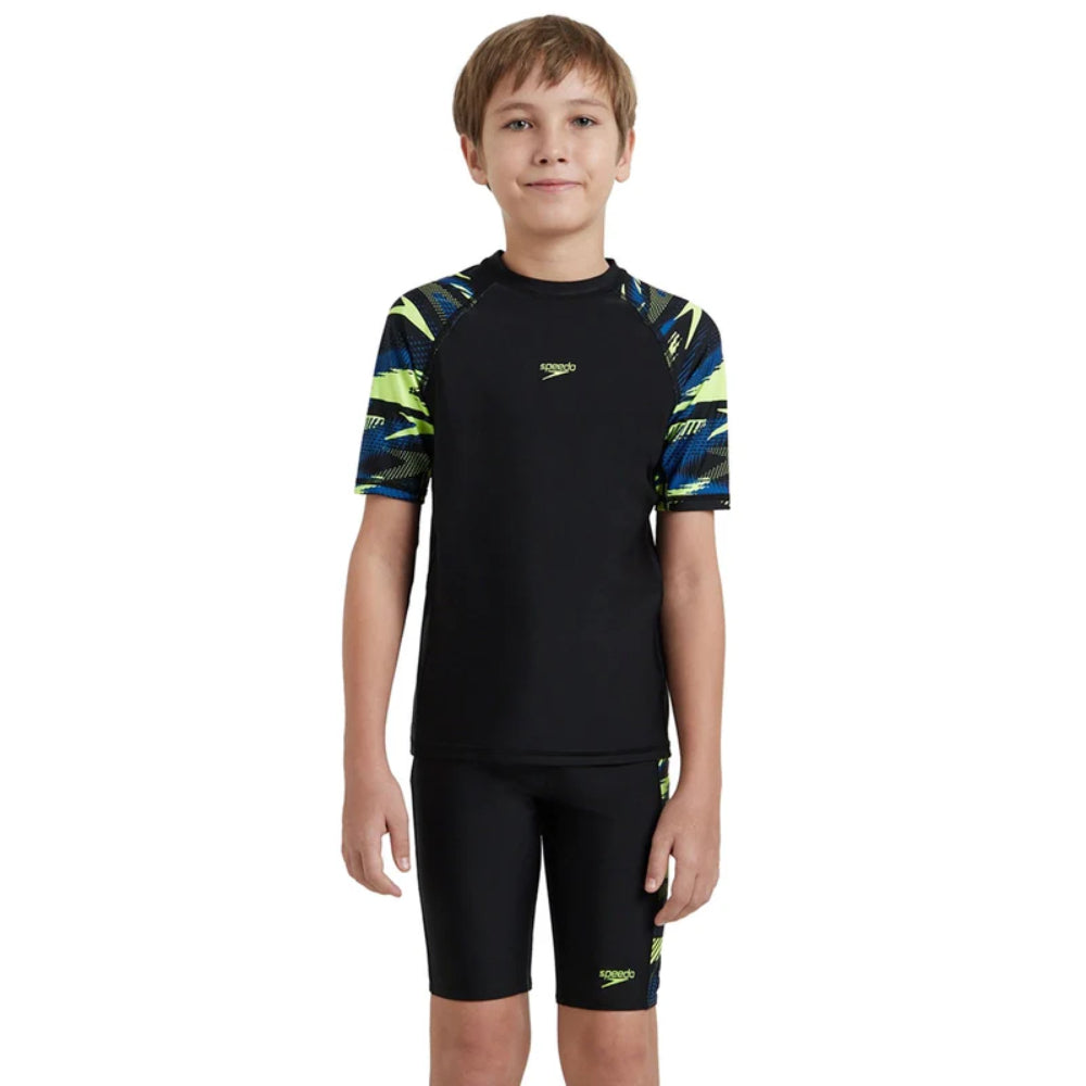 Speedo Boy's Hyperboom Short Sleeve Swimming Suntop (Black/Turkish Sea/Yellow)