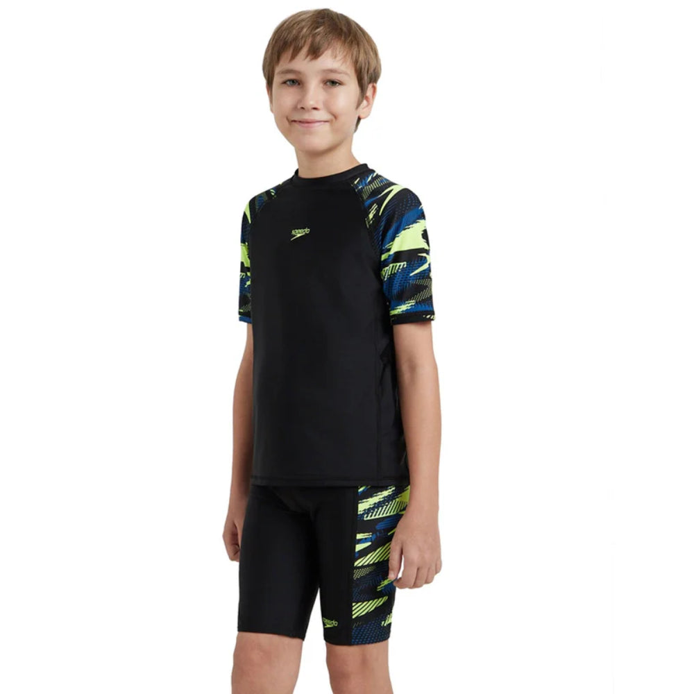 Speedo Boy's Hyperboom Short Sleeve Swimming Suntop (Black/Turkish Sea/Yellow)