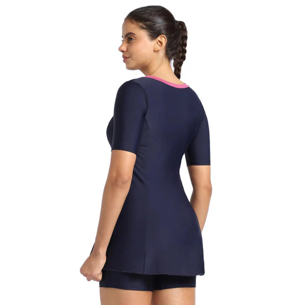 Speedo Women's Closeback Swimdress with Boyleg (True Navy/Hot Mauve)
