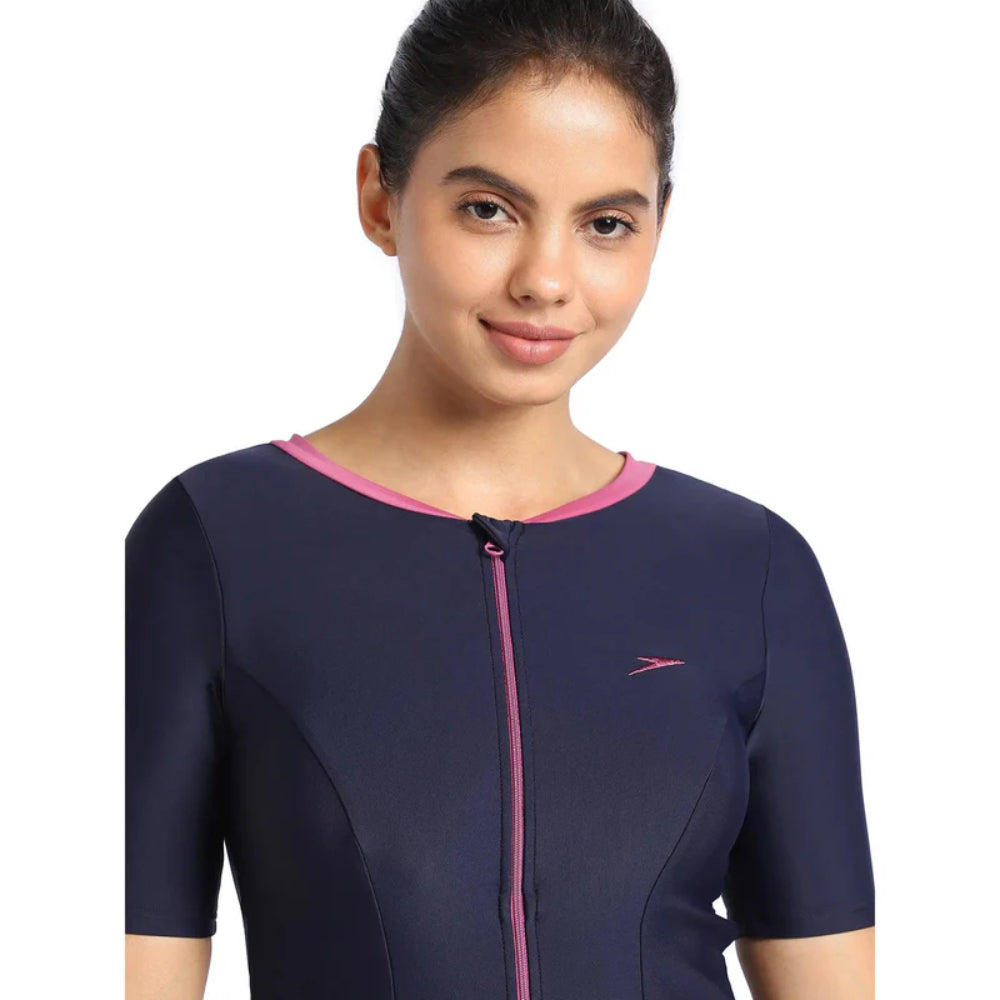 Speedo Women's Closeback Swimdress with Boyleg (True Navy/Hot Mauve)