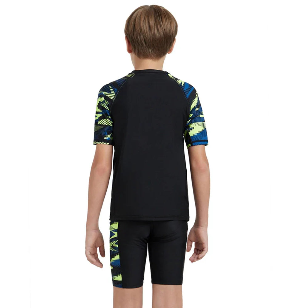 Speedo Boy's Hyperboom Short Sleeve Swimming Suntop (Black/Turkish Sea/Yellow)