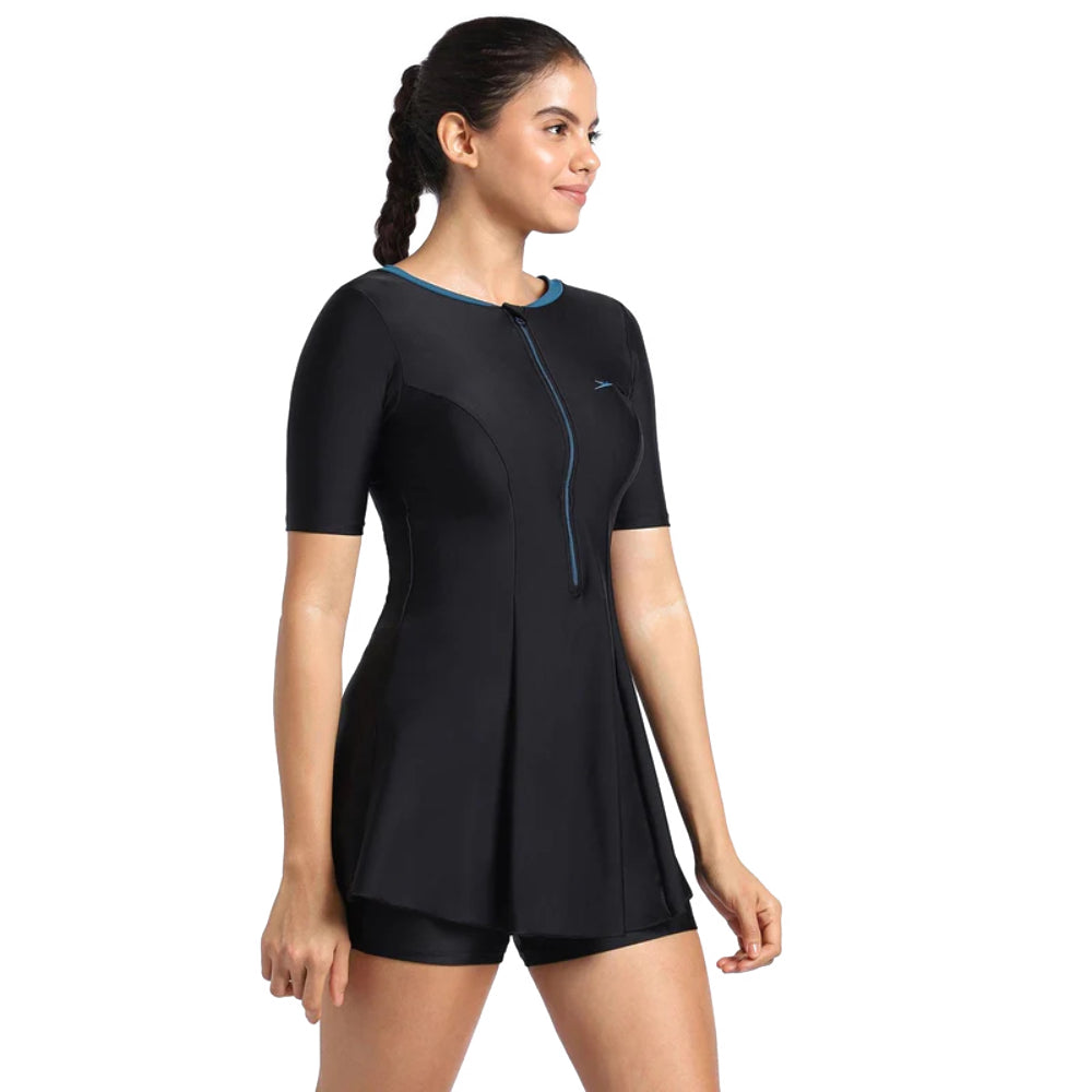 Speedo Women's Closeback Swimdress with Boyleg (Black/Dark Teal)