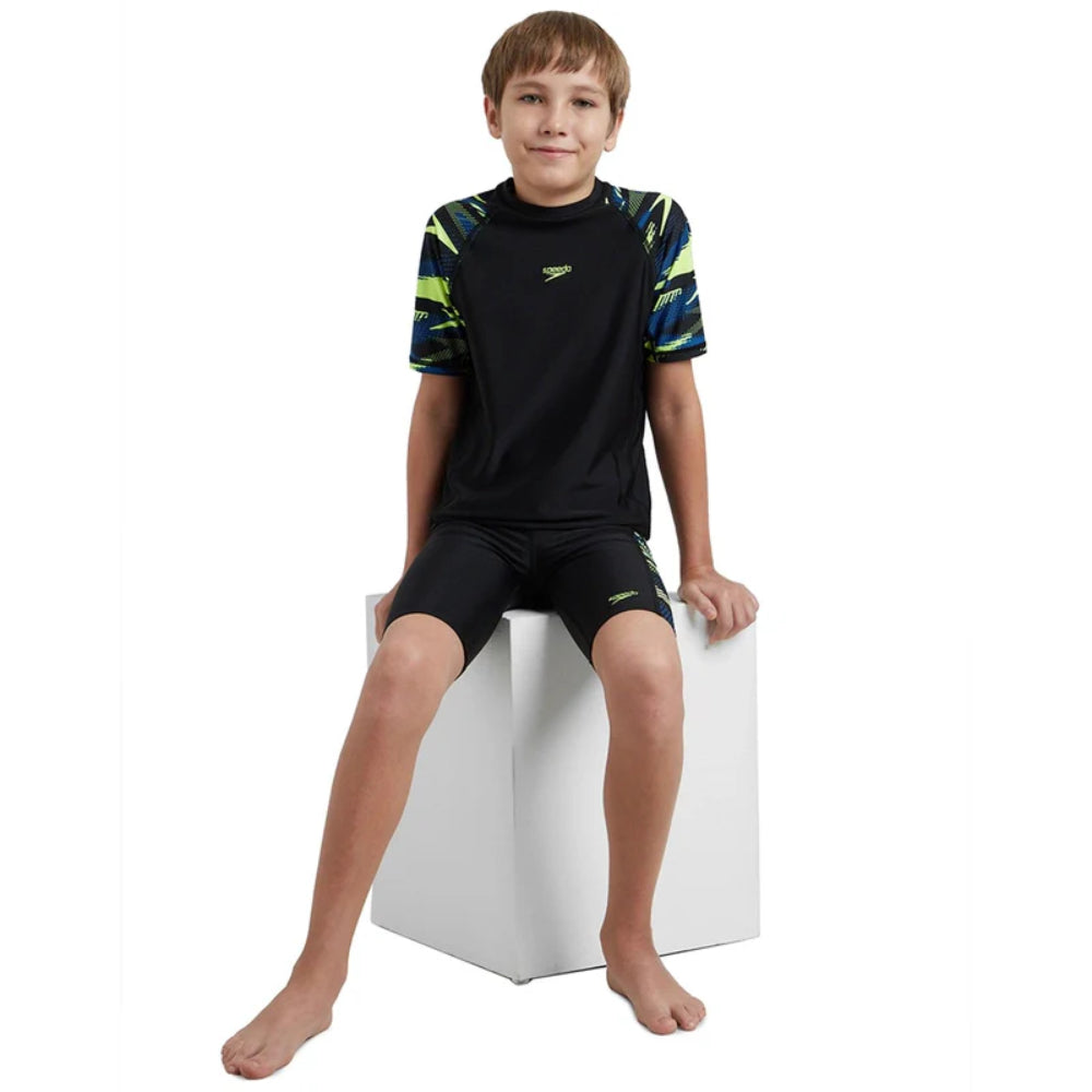 Speedo Boy's Hyperboom Short Sleeve Swimming Suntop (Black/Turkish Sea/Yellow)