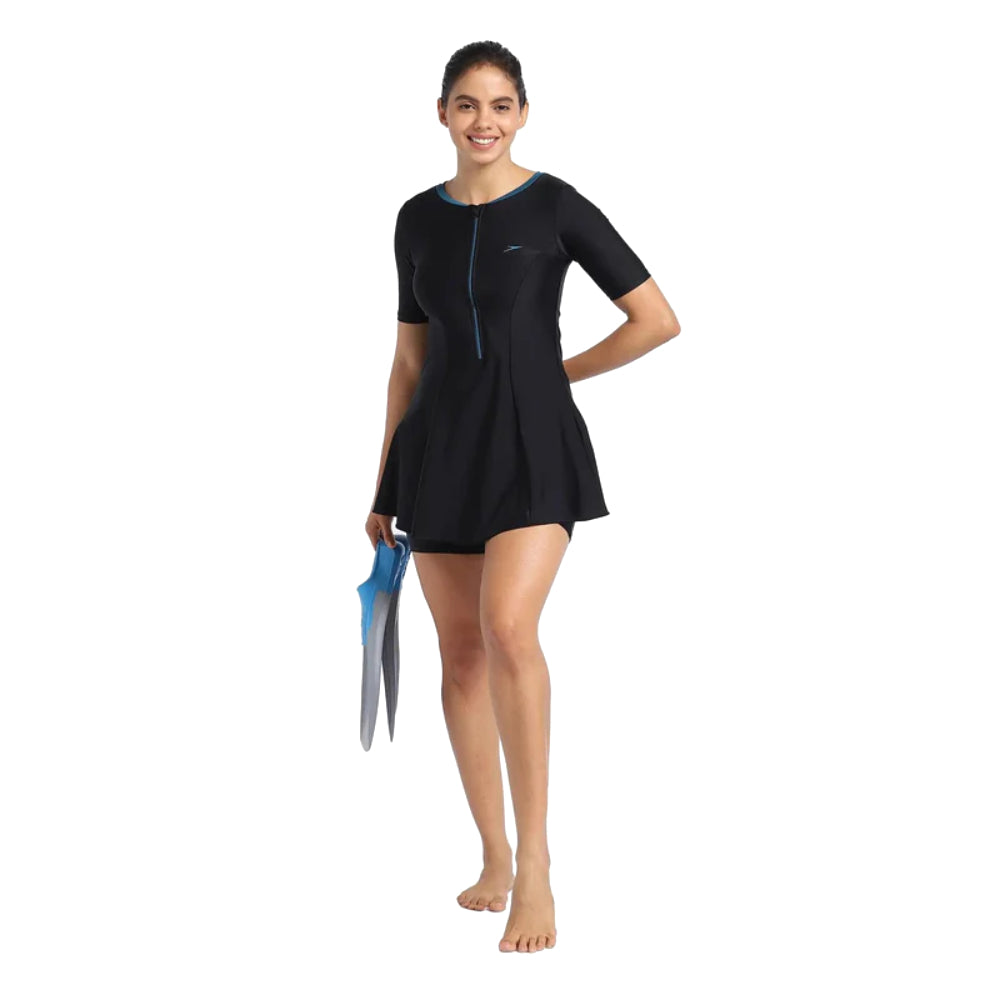 Speedo Women's Closeback Swimdress with Boyleg (Black/Dark Teal)
