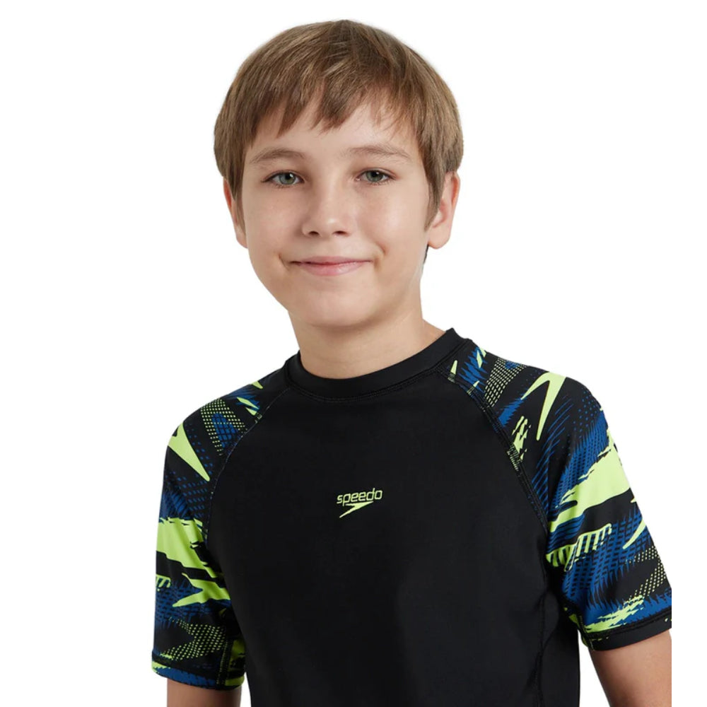 Speedo Boy's Hyperboom Short Sleeve Swimming Suntop (Black/Turkish Sea/Yellow)