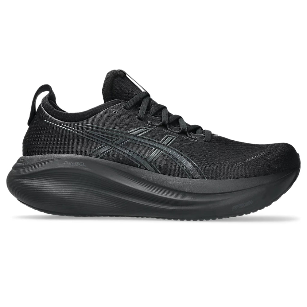 ASICS Men's Gel-Nimbus 27 Running Shoe in black and graphite grey color featuring a mesh upper, a thick cushioned sole and a lace-up closure.