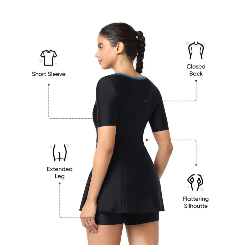 Speedo Women's Closeback Swimdress with Boyleg (Black/Dark Teal)