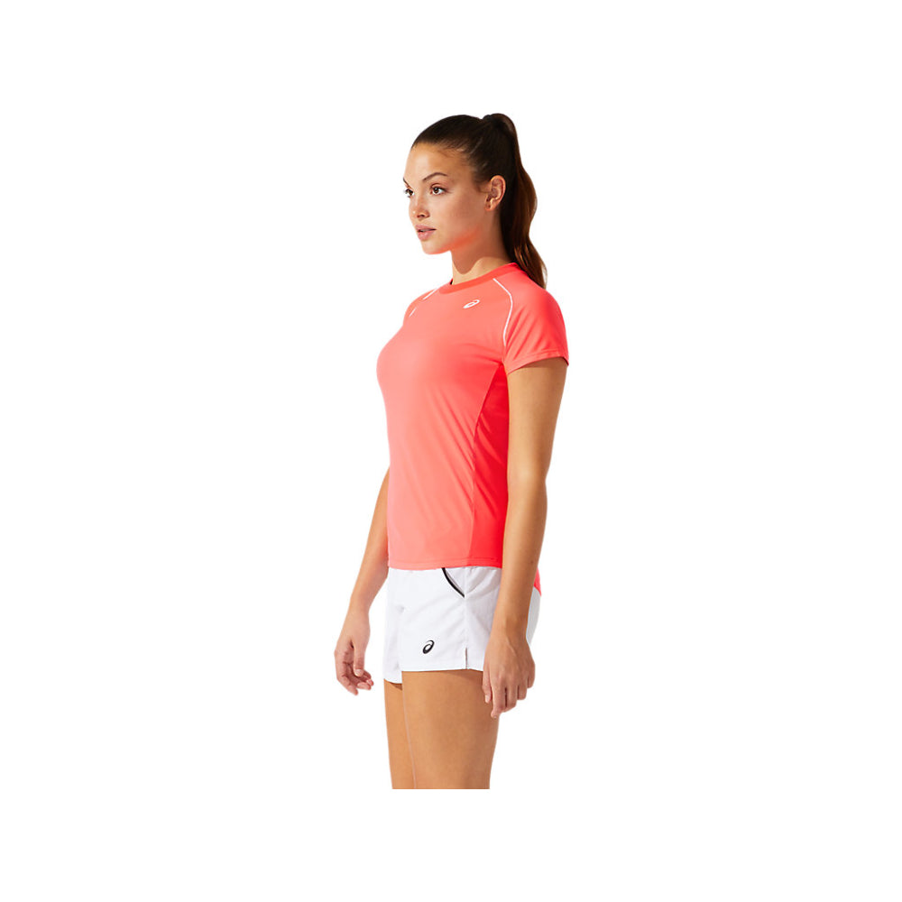 asics stretch court piping short sleeve pink top