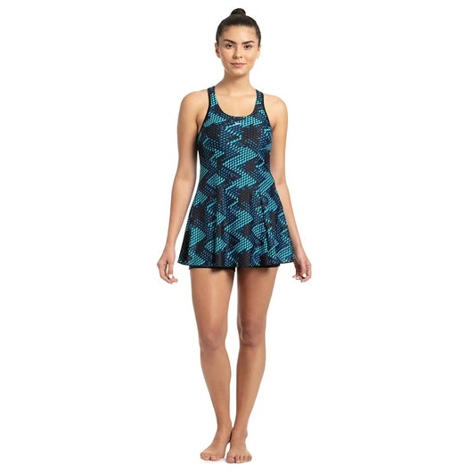 Speedo Women's Allover Print Racerback Swimdress with Boyleg (Black/Blue/Aquasplash)