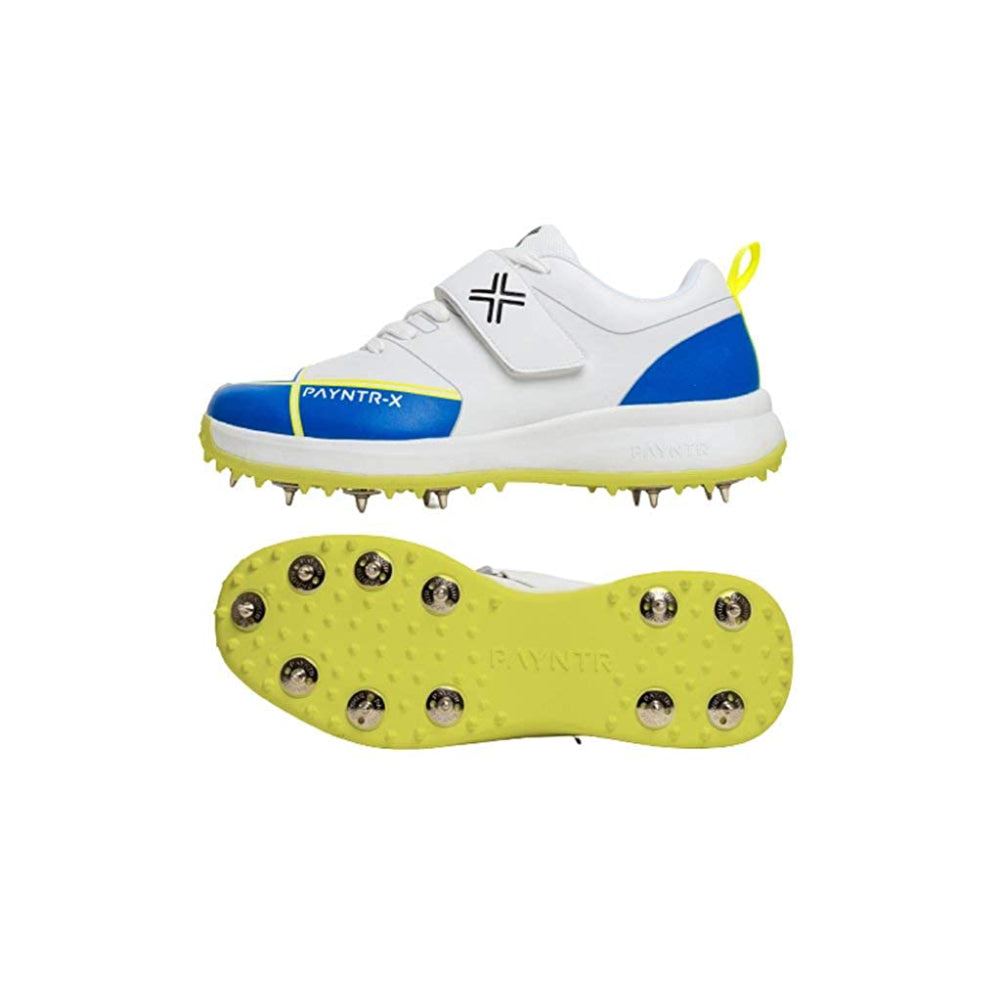 PAYNTR Men's Bowling Spike Cricket Shoe (White/Blue)