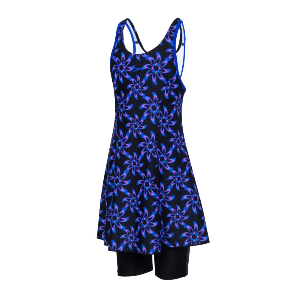 Speedo Girl's Allover Racerback Swimdress with Boyleg (Black/Chroma Blue/Brilliant Blue)