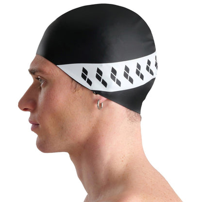 ARENA Adult Iconic Team Stripe Swimming Cap (Black/White)