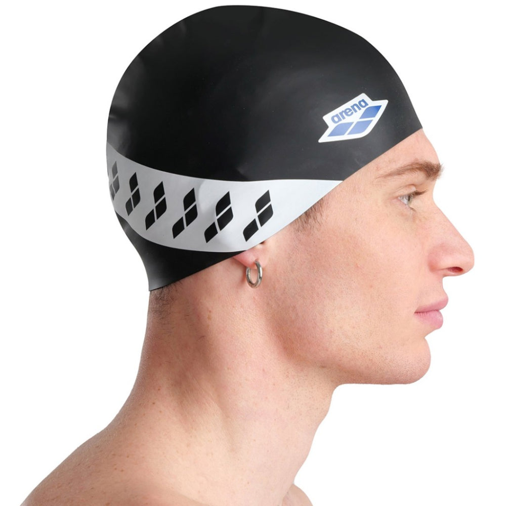 ARENA Adult Iconic Team Stripe Swimming Cap (Black/White)