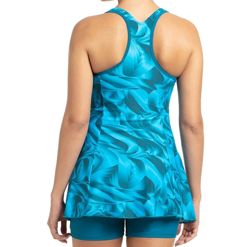 Speedo Women's Allover Print Racerback Swimdress with Boyleg (Nordic Teal/Powder Blue)