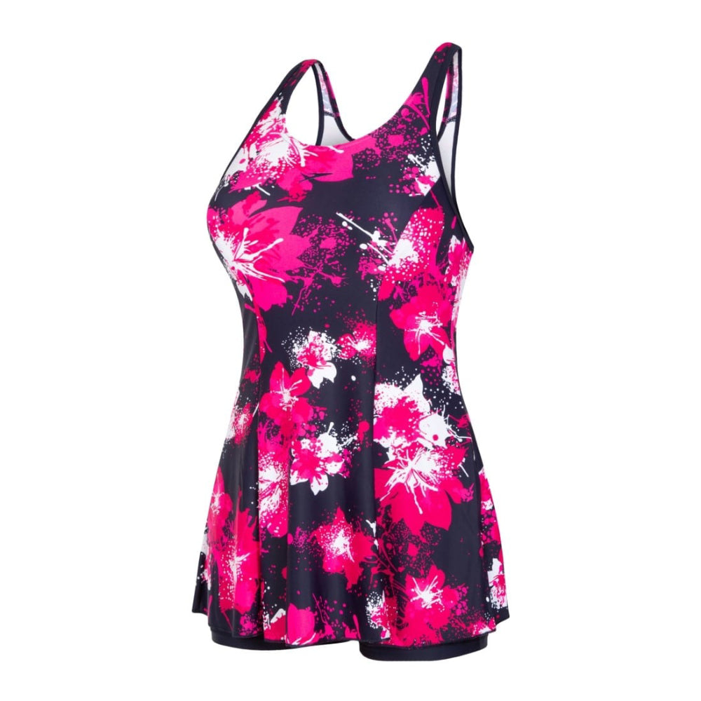 Speedo Women's Allover Print Racerback Swimdress with Boyleg (Navy/Fluo Pink/Magenta/White)